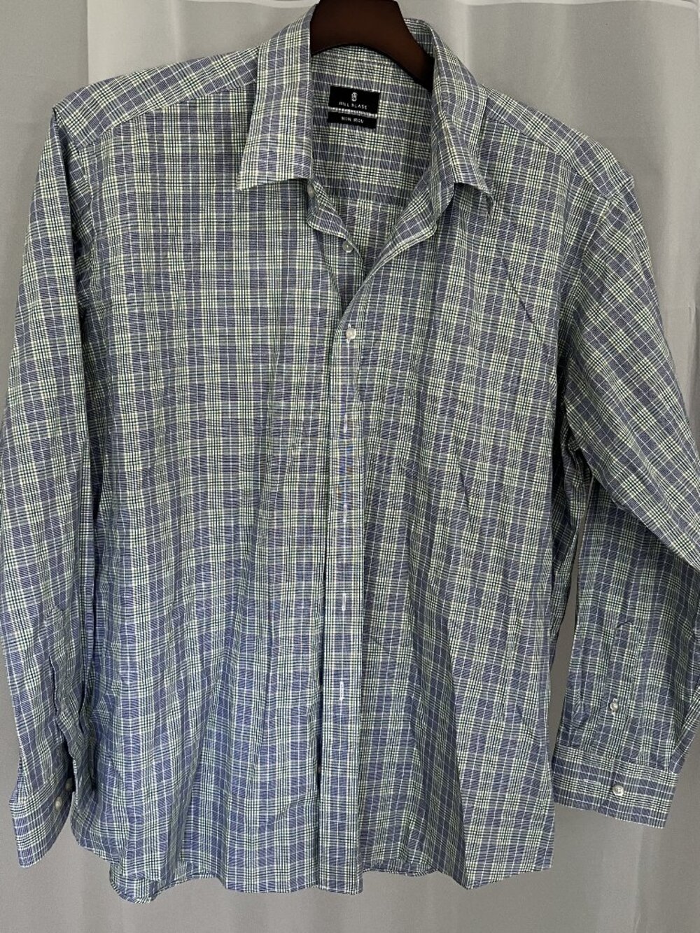 Bill Blass Non-Iron Plaid Dress Shirt 2XL Blue Green Cotton Button-Up